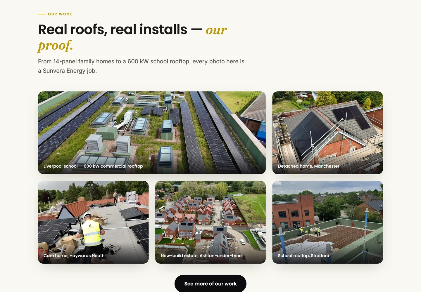 Project gallery on the Sunvera Energy website showing real solar installs on a Liverpool school, Manchester homes and a Haywards Heath care home