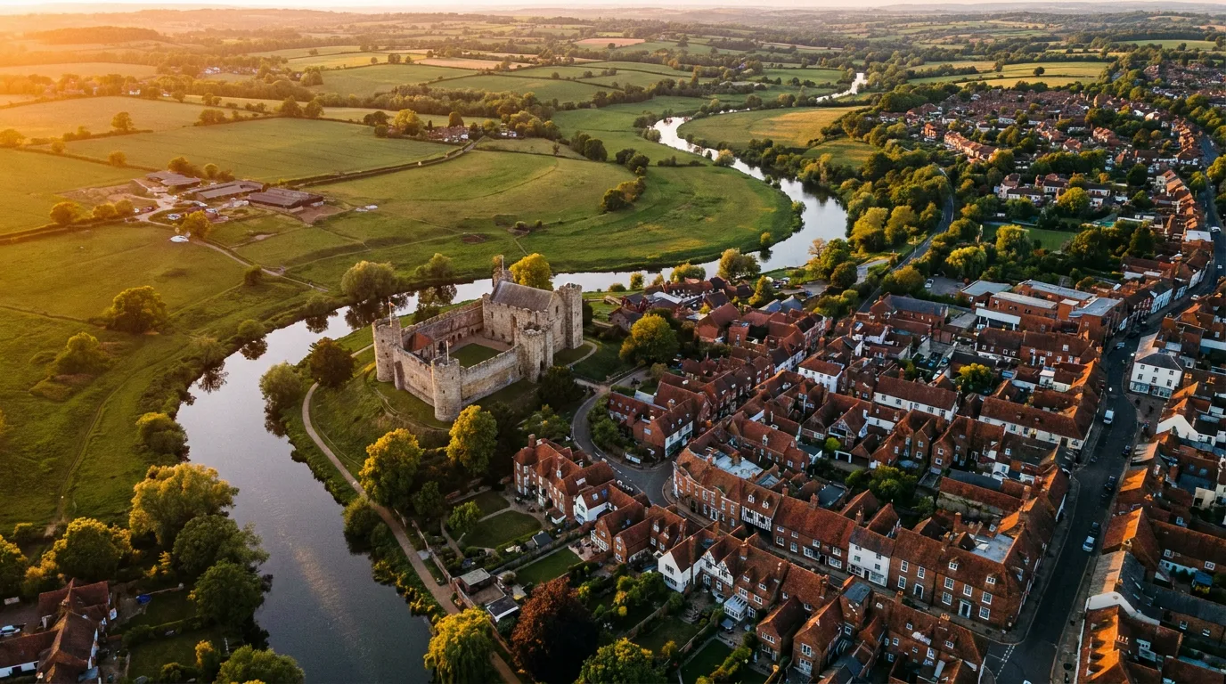 Aerial view of Tonbridge, the River Medway winding past the castle and town