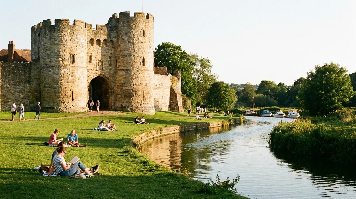 A medieval castle gatehouse beside the River Medway, evoking Tonbridge Castle in Kent