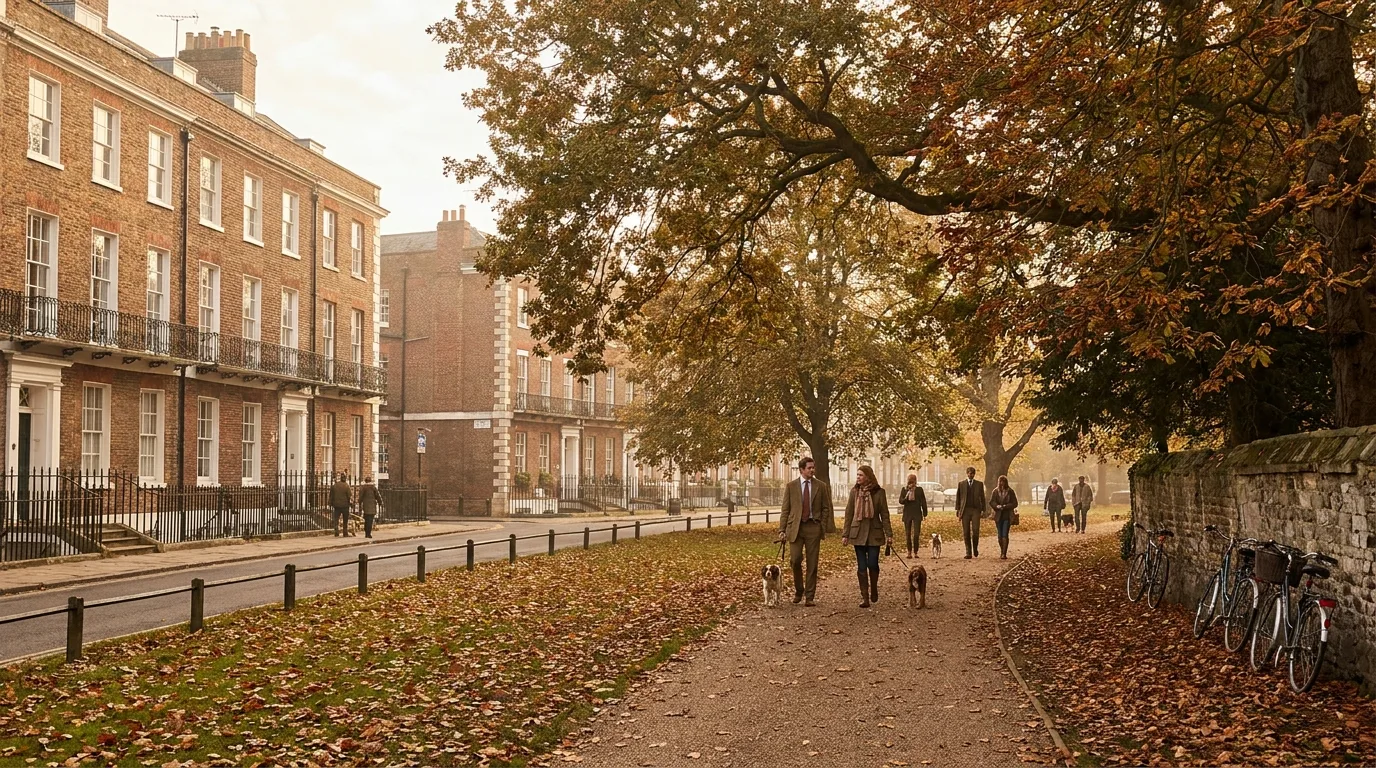 A leafy Georgian town common with grand period houses, evoking Tunbridge Wells