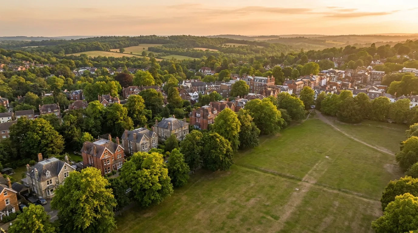 Aerial view over the leafy rooftops of Royal Tunbridge Wells, Kent
