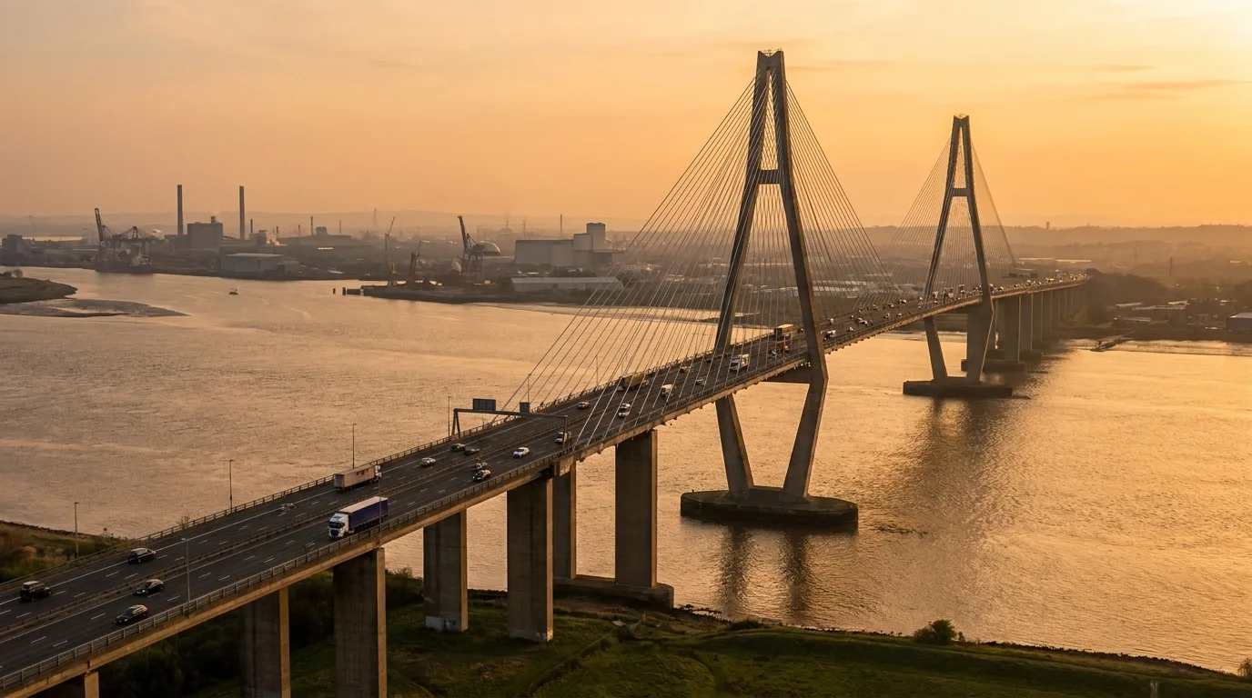 A large bridge over the Thames estuary, evoking the Dartford Crossing in north west Kent