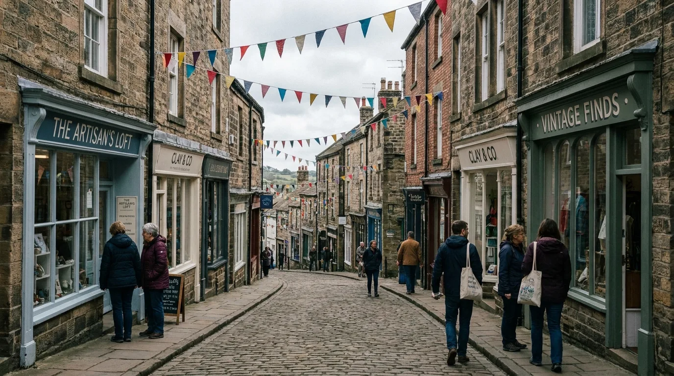 A cobbled old high street of independent shops climbing a hill, evoking Folkestone's Creative Quarter