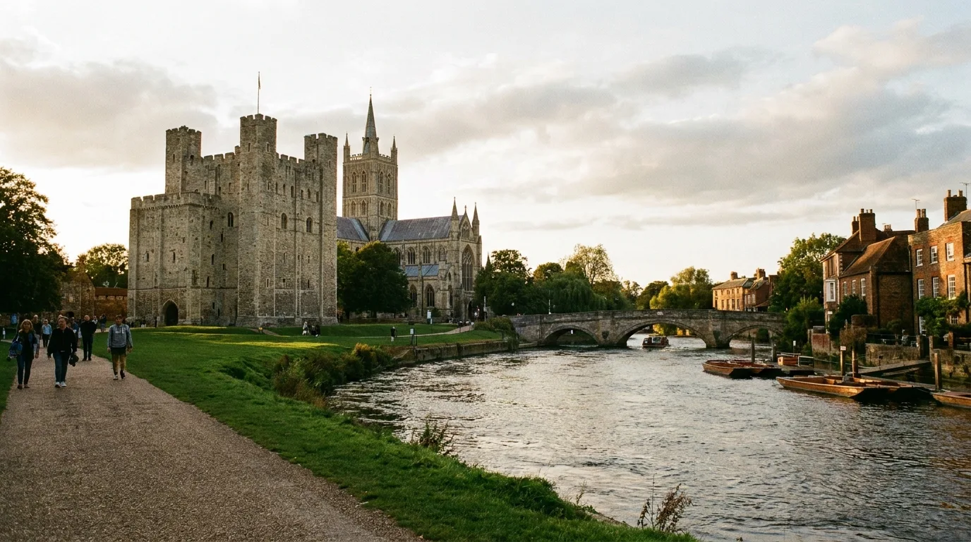 A Norman castle and medieval cathedral beside a river, evoking Rochester in the Medway towns of Kent