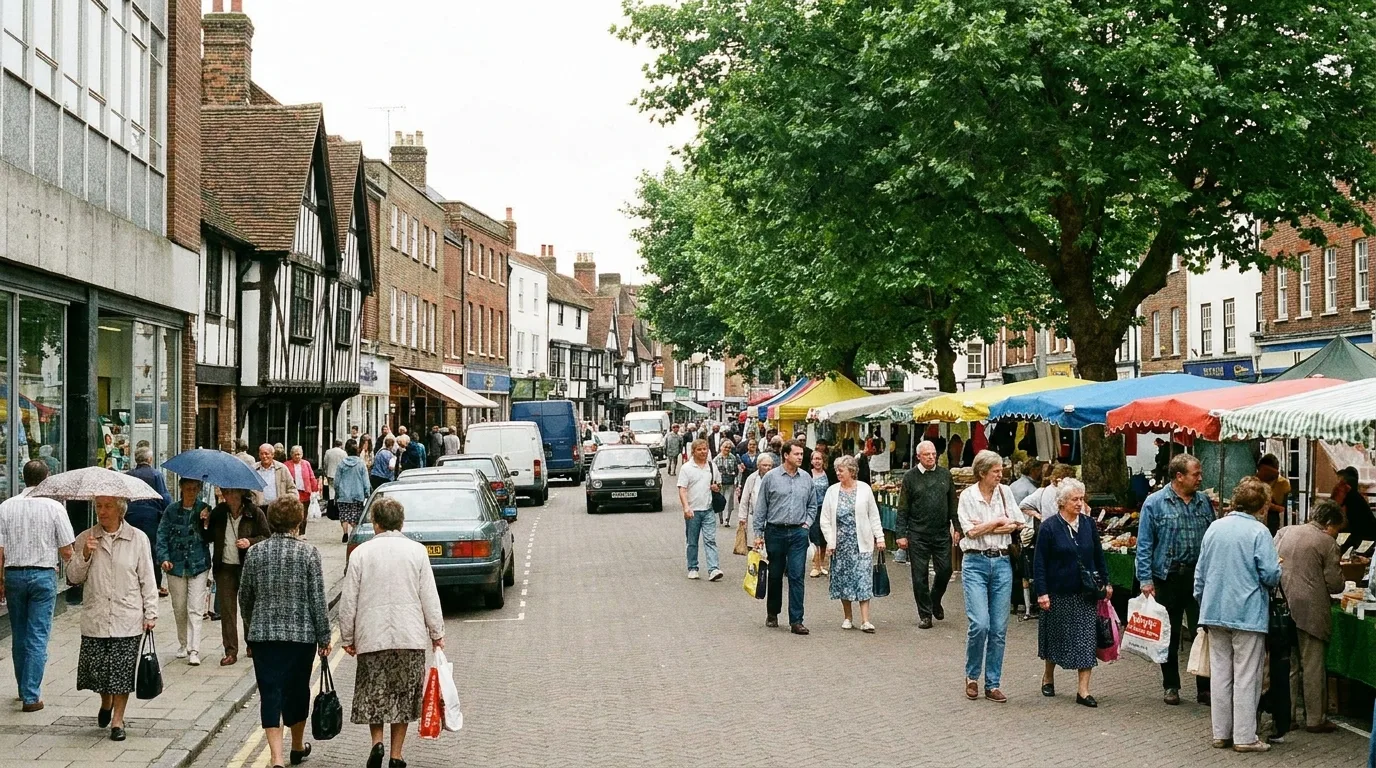 A busy market-town high street, evoking Sittingbourne in Kent