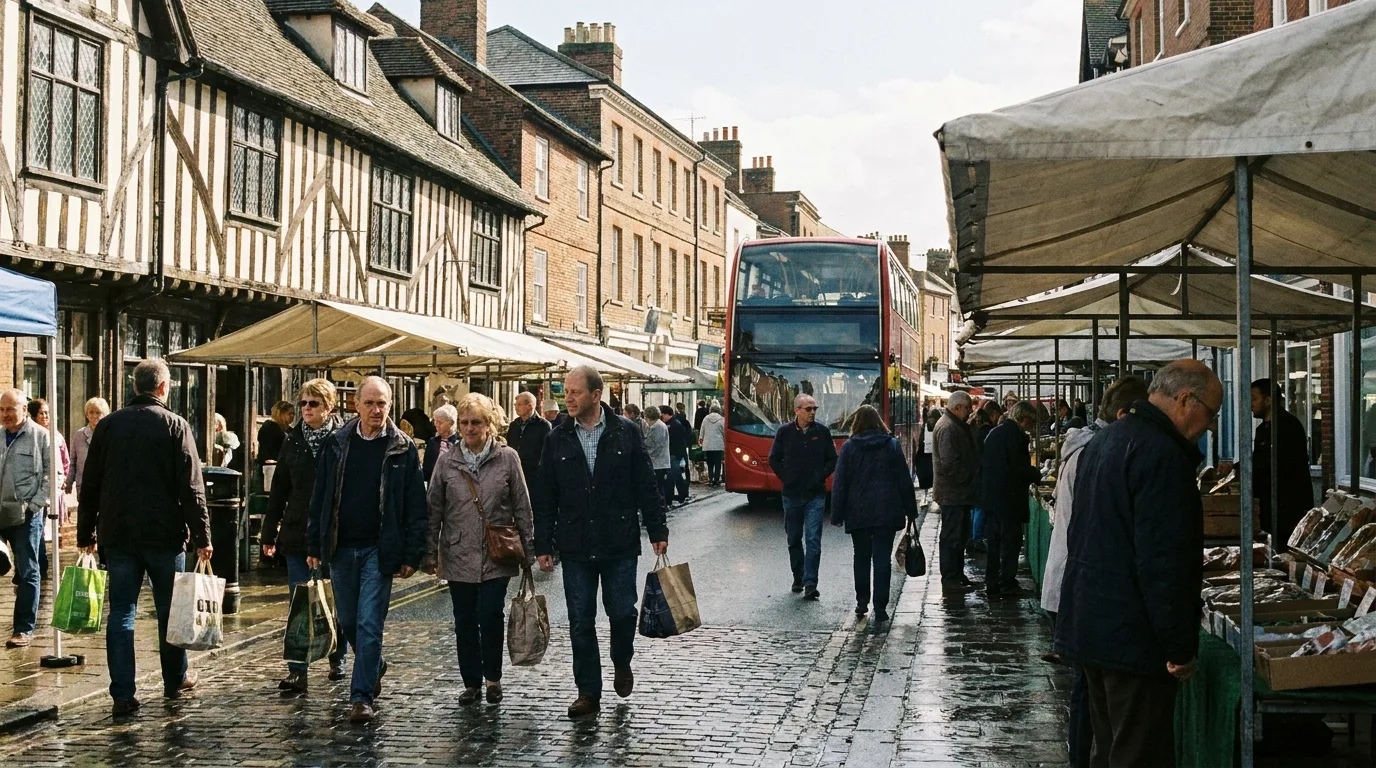 A busy market-town high street, evoking Tonbridge in Kent