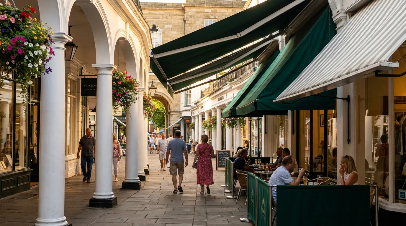 An elegant Georgian colonnaded walkway with independent boutiques, evoking the Pantiles in Royal Tunbridge Wells