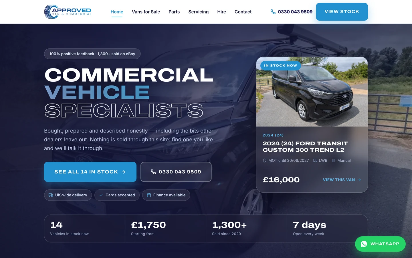 Homepage of the Approved Car and Commercial website, a dark navy design with a used Ford Transit van and a featured stock card
