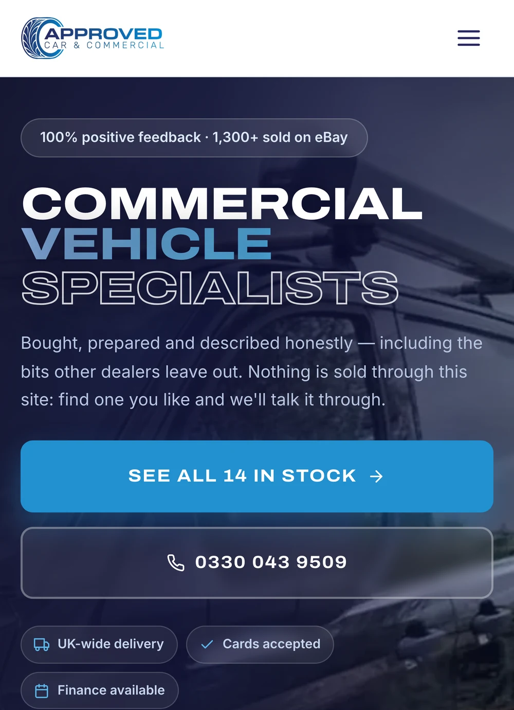 The Approved Car and Commercial website on a mobile screen showing the commercial vehicle hero, a see all stock button and tap to call