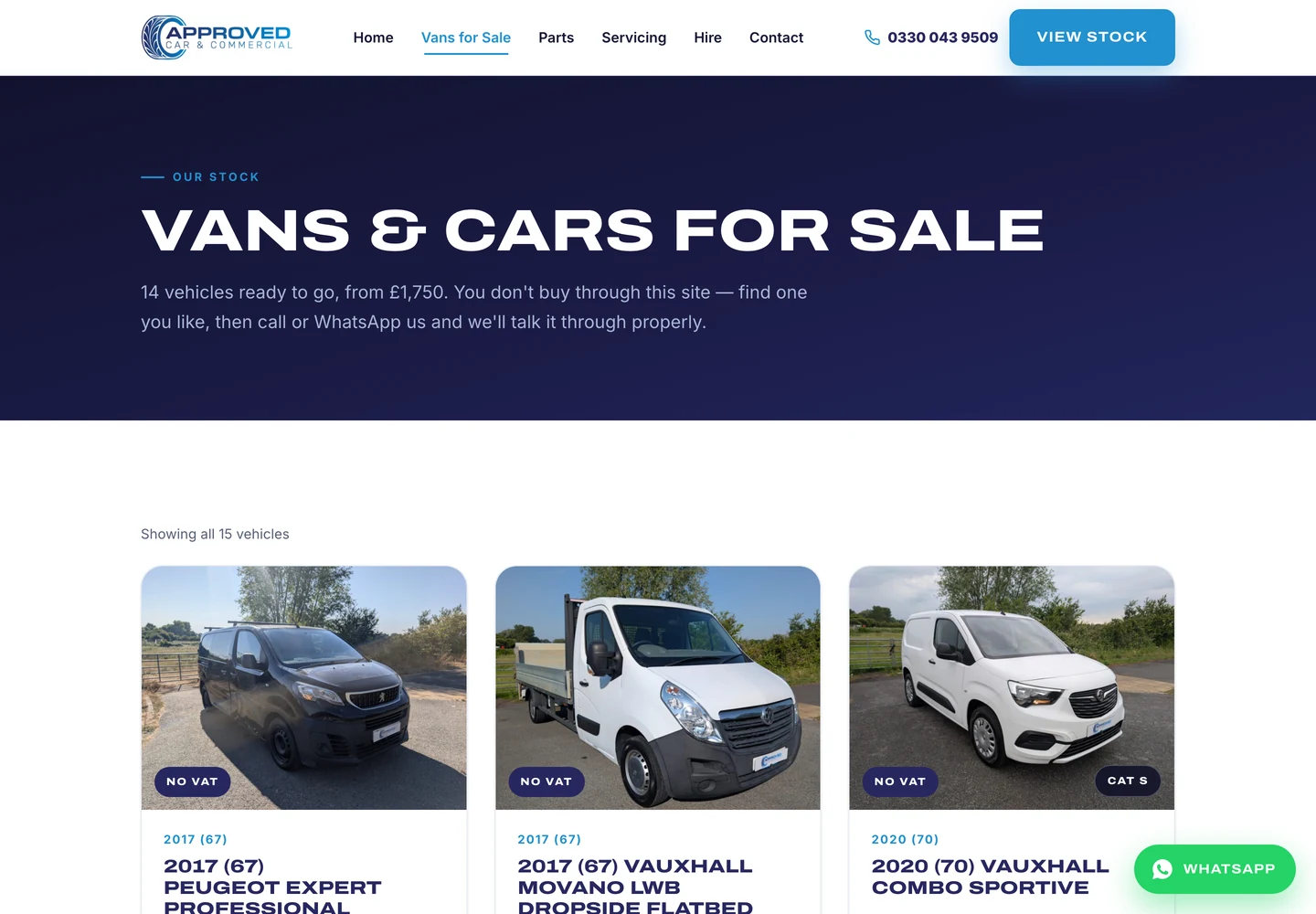 The stock listing page on the Approved Car and Commercial website, a grid of used vans each with photo, mileage, MOT and price