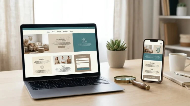 A laptop on a light wooden desk showing a website homepage in teal and cream, the same site on a phone beside it, with a brass magnifying glass, a small plant and a cup on the desk