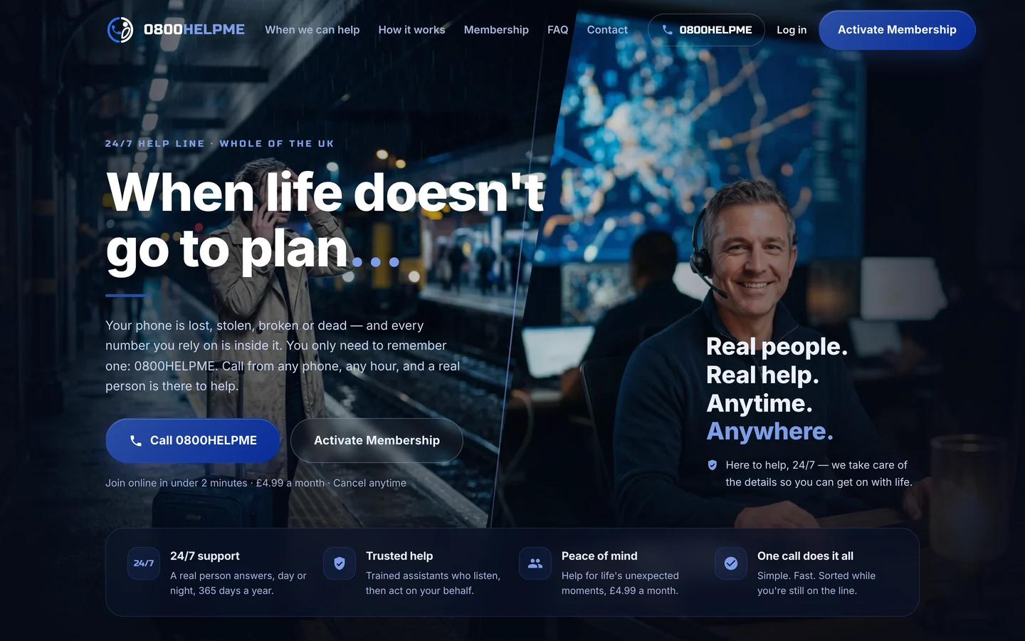 Homepage of the 0800HELPME website, a dark blue design with an assistant wearing a headset and the headline when life does not go to plan