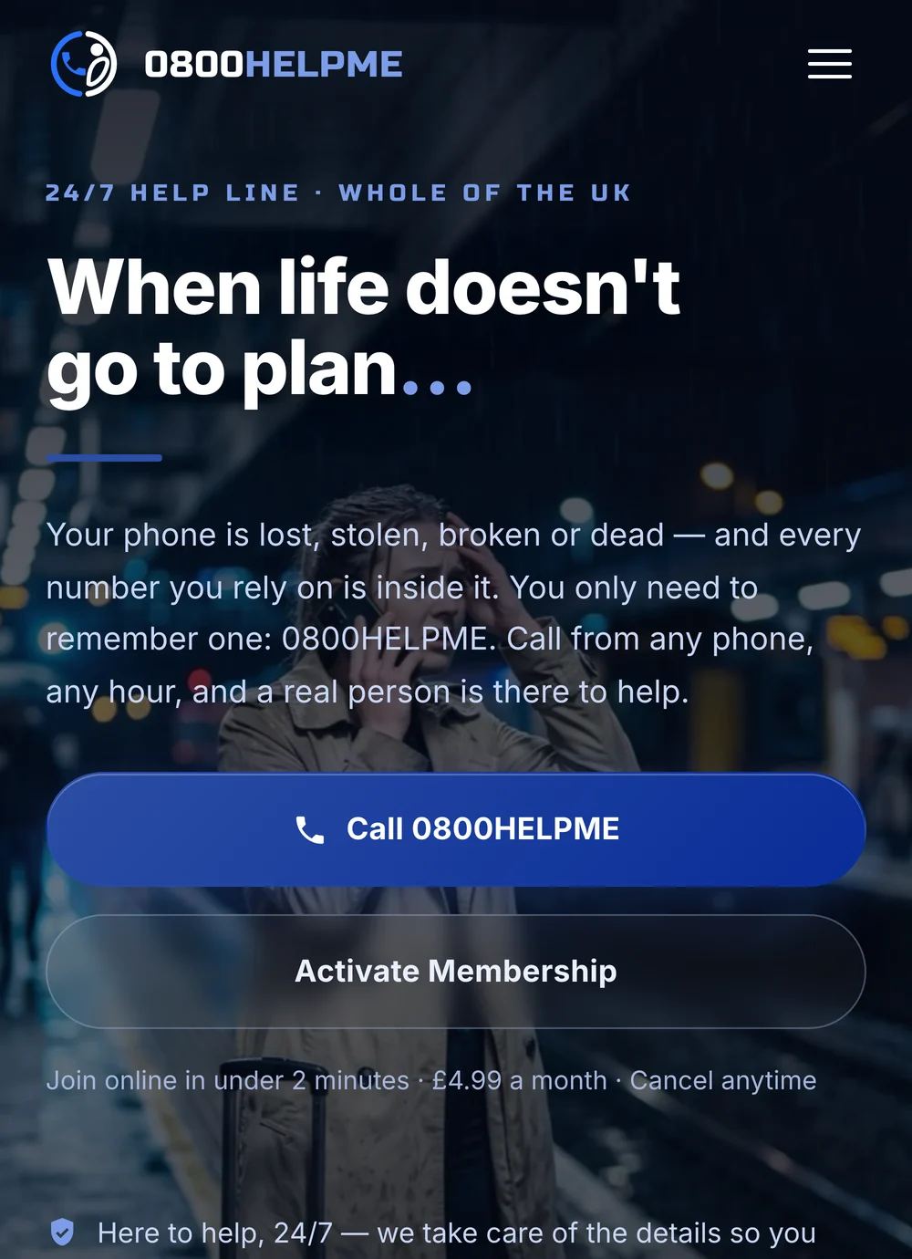The 0800HELPME website on a mobile screen showing the 24 hour help line and the join now button