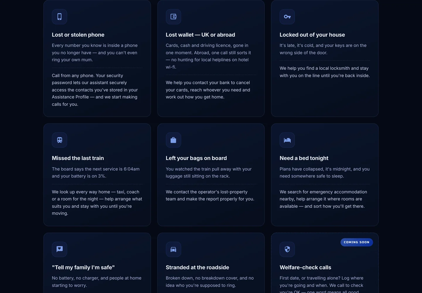 The situations section on the 0800HELPME website showing lost phone, lost wallet, locked out and stranded scenarios with what happens on the call