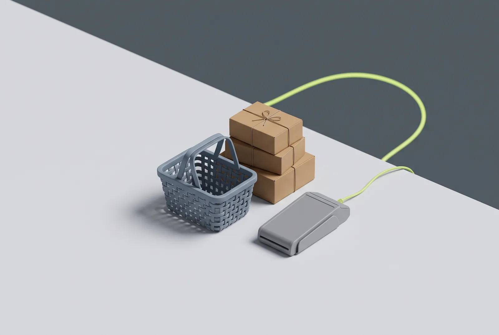 A shopping basket, a stack of parcels and a card reader joined by a green cable