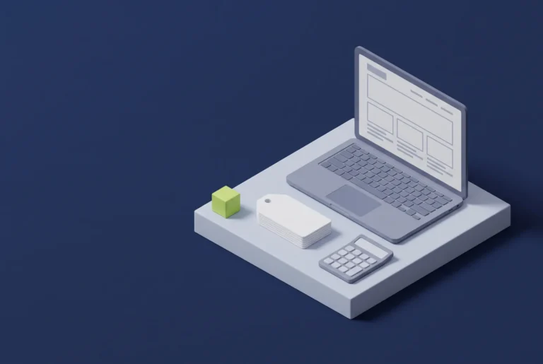 A laptop showing a web page layout, with a price tag and a calculator beside it