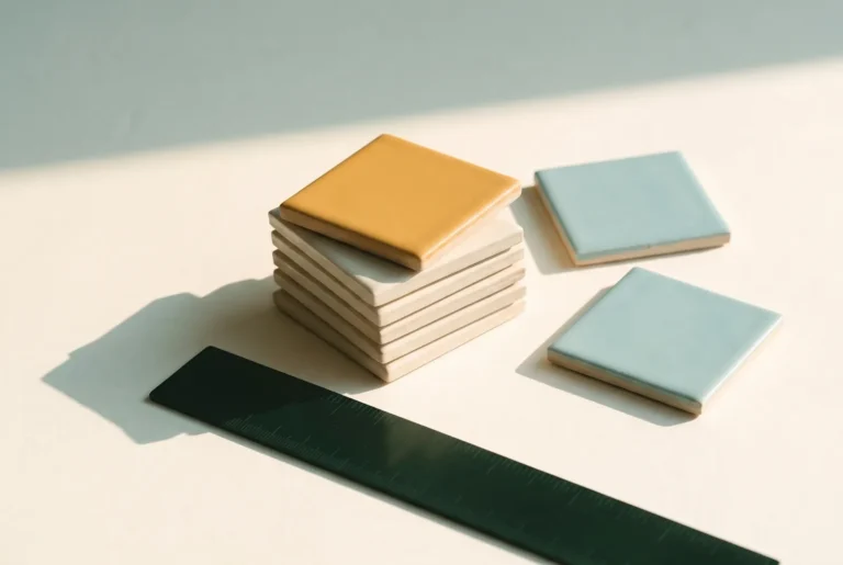A stack of tiles with an orange one on top, two loose tiles and a ruler