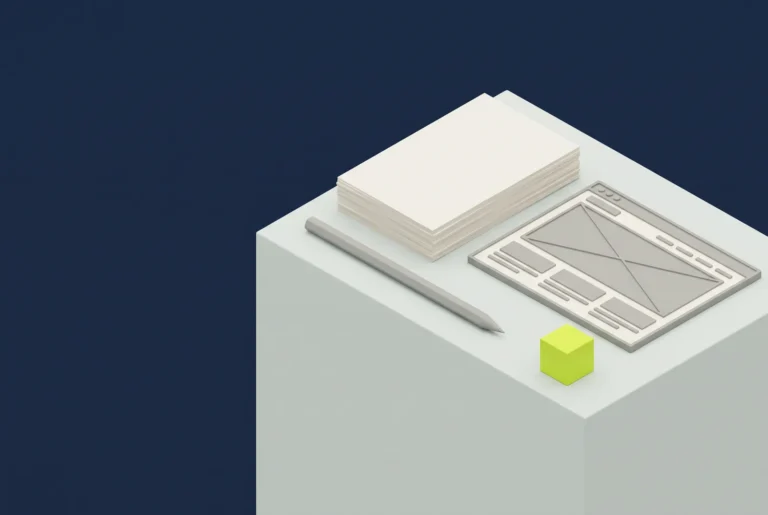 A stack of blank paper, a pen and a page layout sketch on a block, with a small green cube beside them
