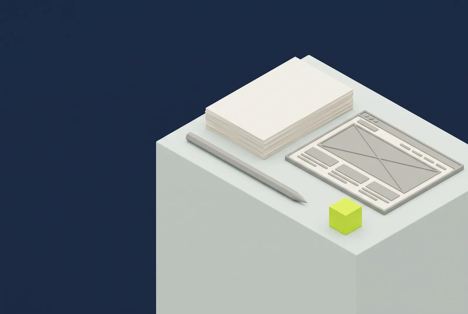 A stack of blank paper, a pen and a page layout sketch on a block, with a small green cube beside them
