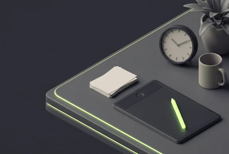 A desk with a clock, a mug, a notepad and a drawing tablet with a green pen