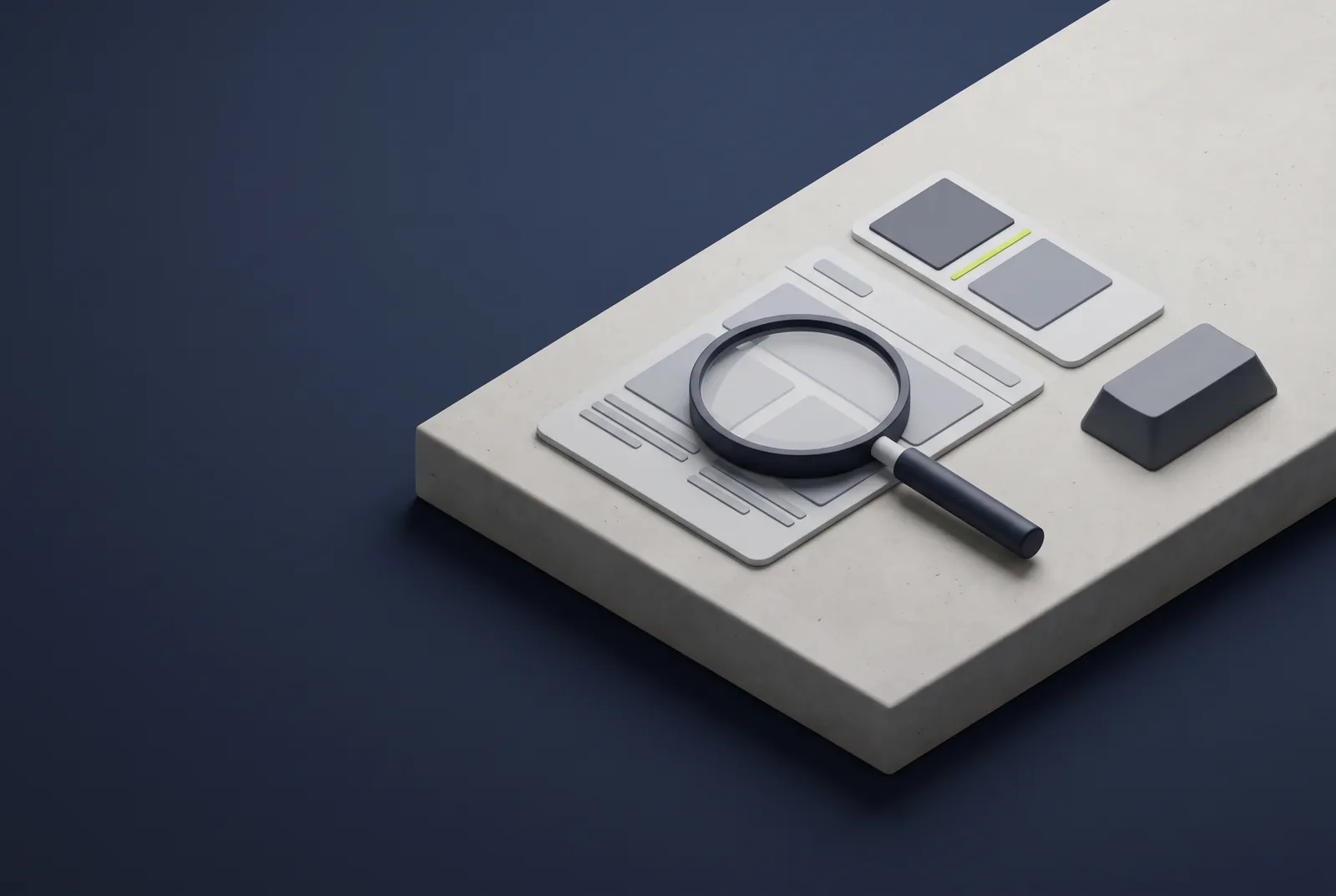 A magnifying glass resting on a web page layout on a stone slab