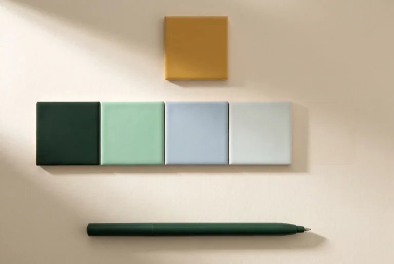 A row of four tiles running from dark green to pale grey, with one orange tile above and a pen below