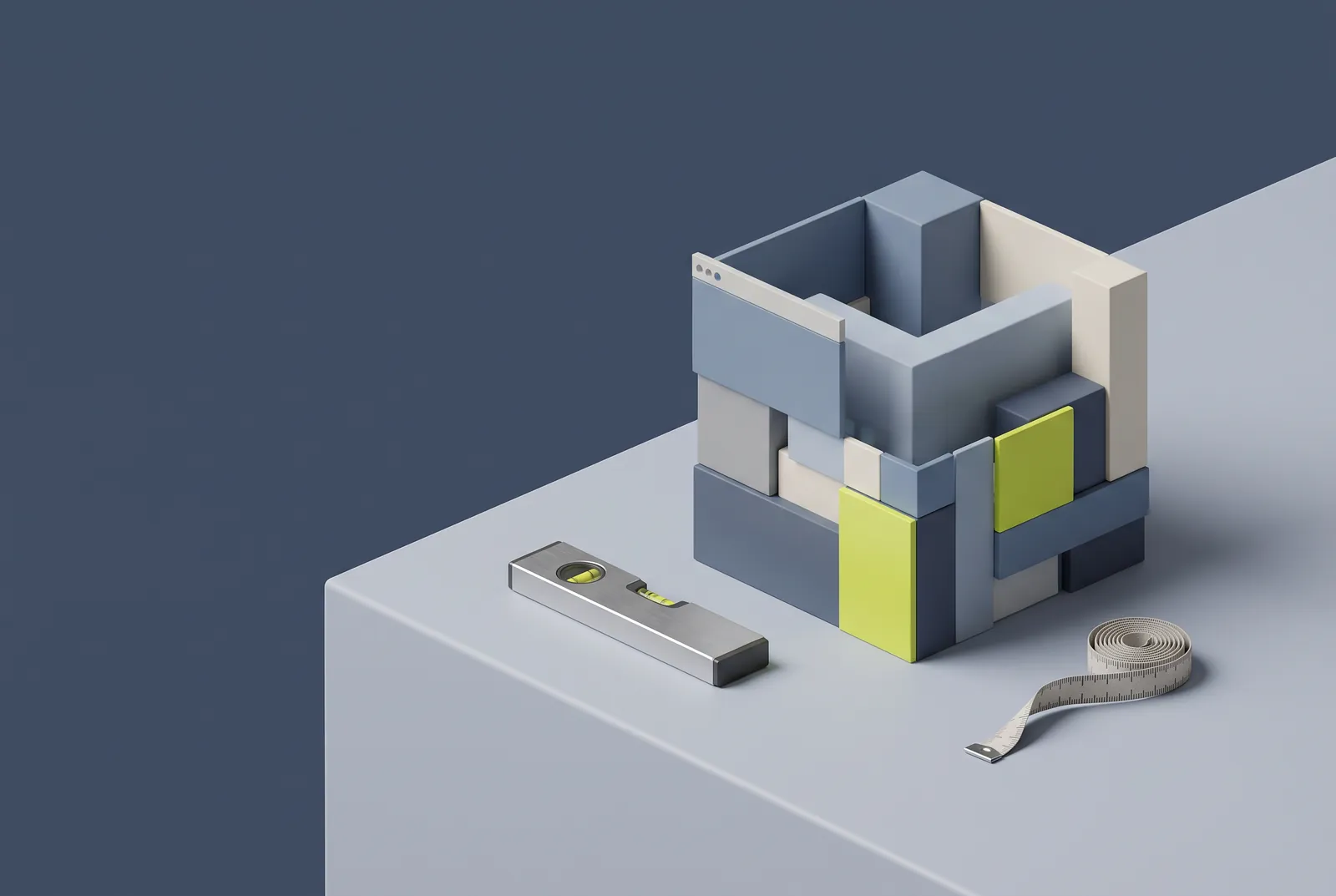 A half-built cube of coloured blocks with a spirit level and a tape measure beside it
