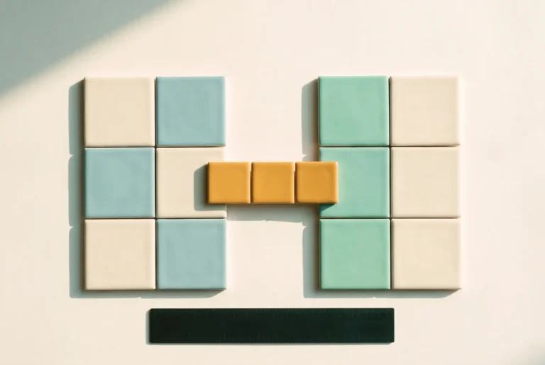 Two groups of coloured tiles joined by a short bridge of three orange tiles