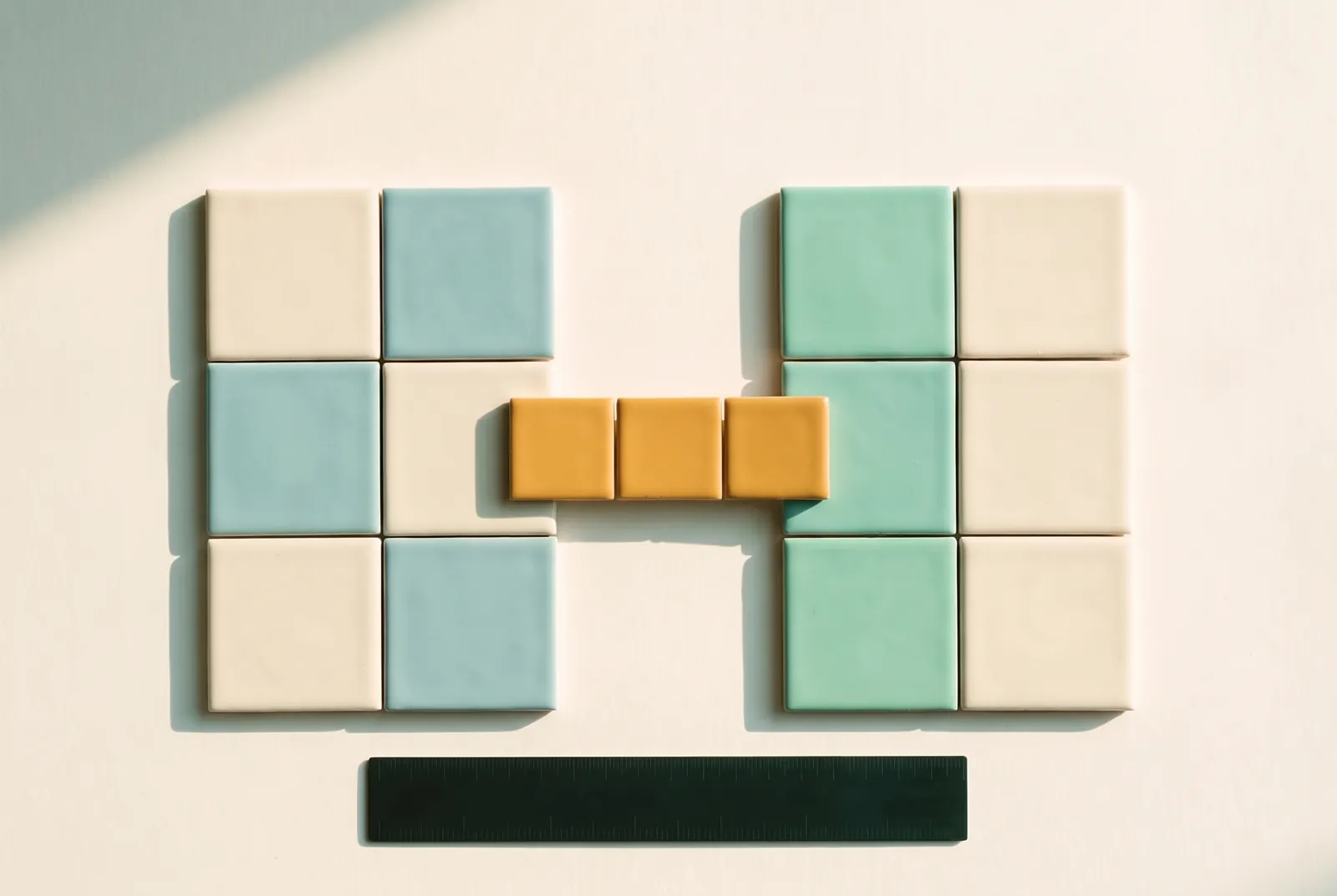 Two groups of coloured tiles joined by a short bridge of three orange tiles