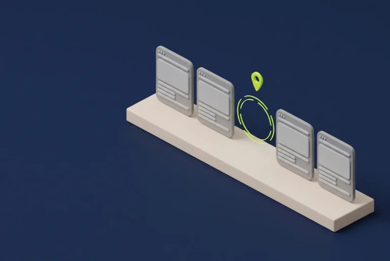 Four clay web pages standing in a row with a gap in the middle, marked by a green ring and a map pin