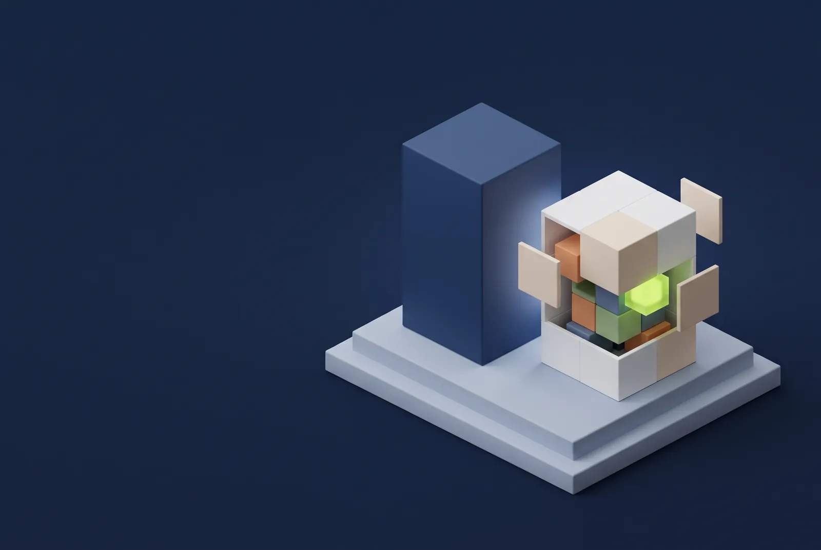 A plain solid blue block beside an open cube made of many smaller coloured parts