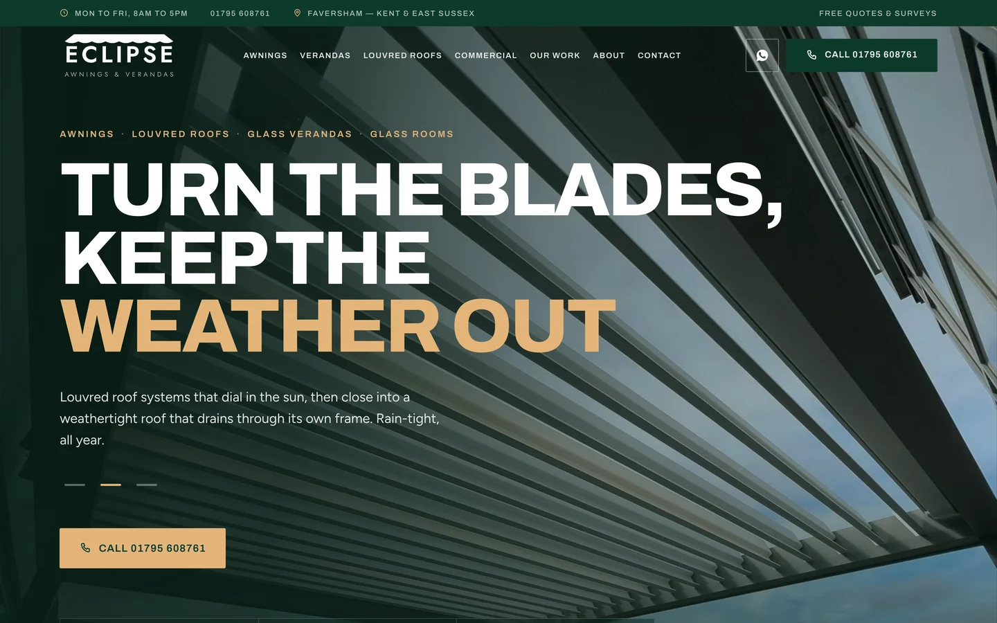 Homepage of the Eclipse Awnings website, a dark green design with a louvred roof system and the headline turn the blades keep the weather out