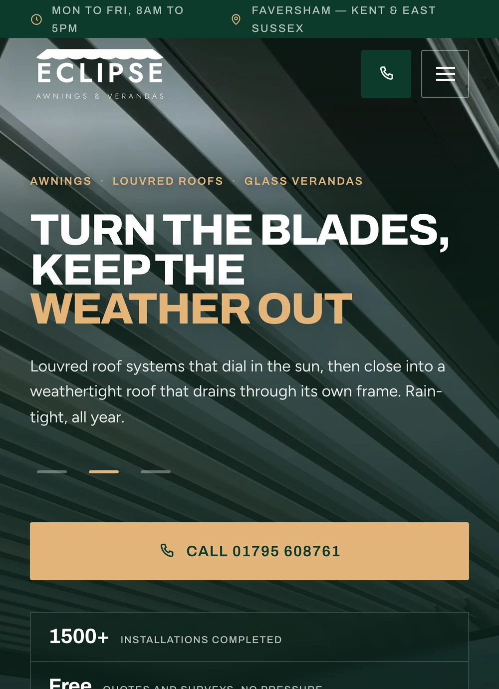 The Eclipse Awnings website on a mobile screen showing the range of covers, a tap to call button and the free survey offer