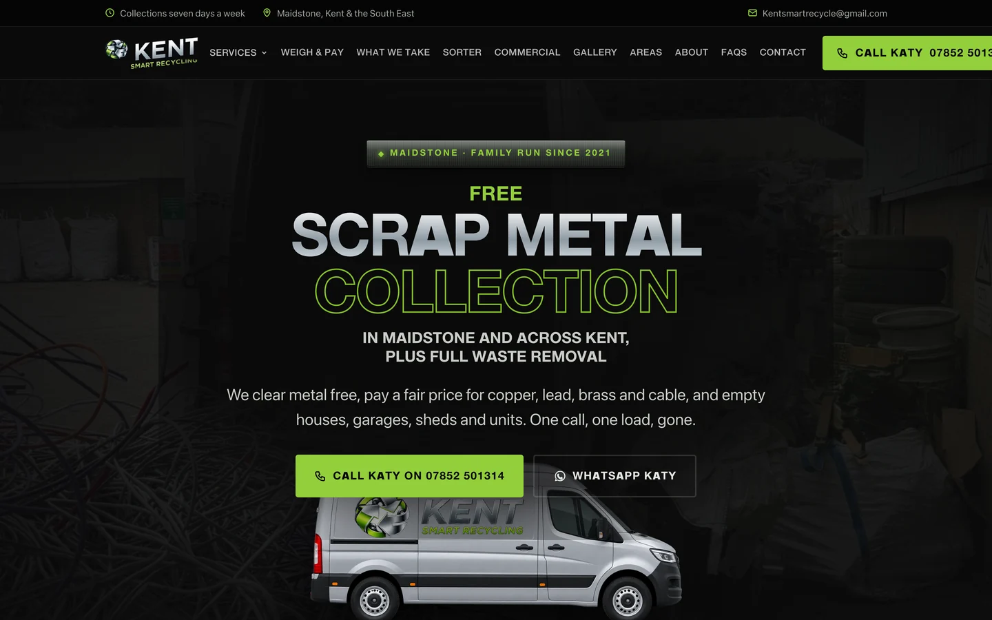 Homepage of the Kent Smart Recycling website showing free scrap metal collection in Maidstone with a green collection van