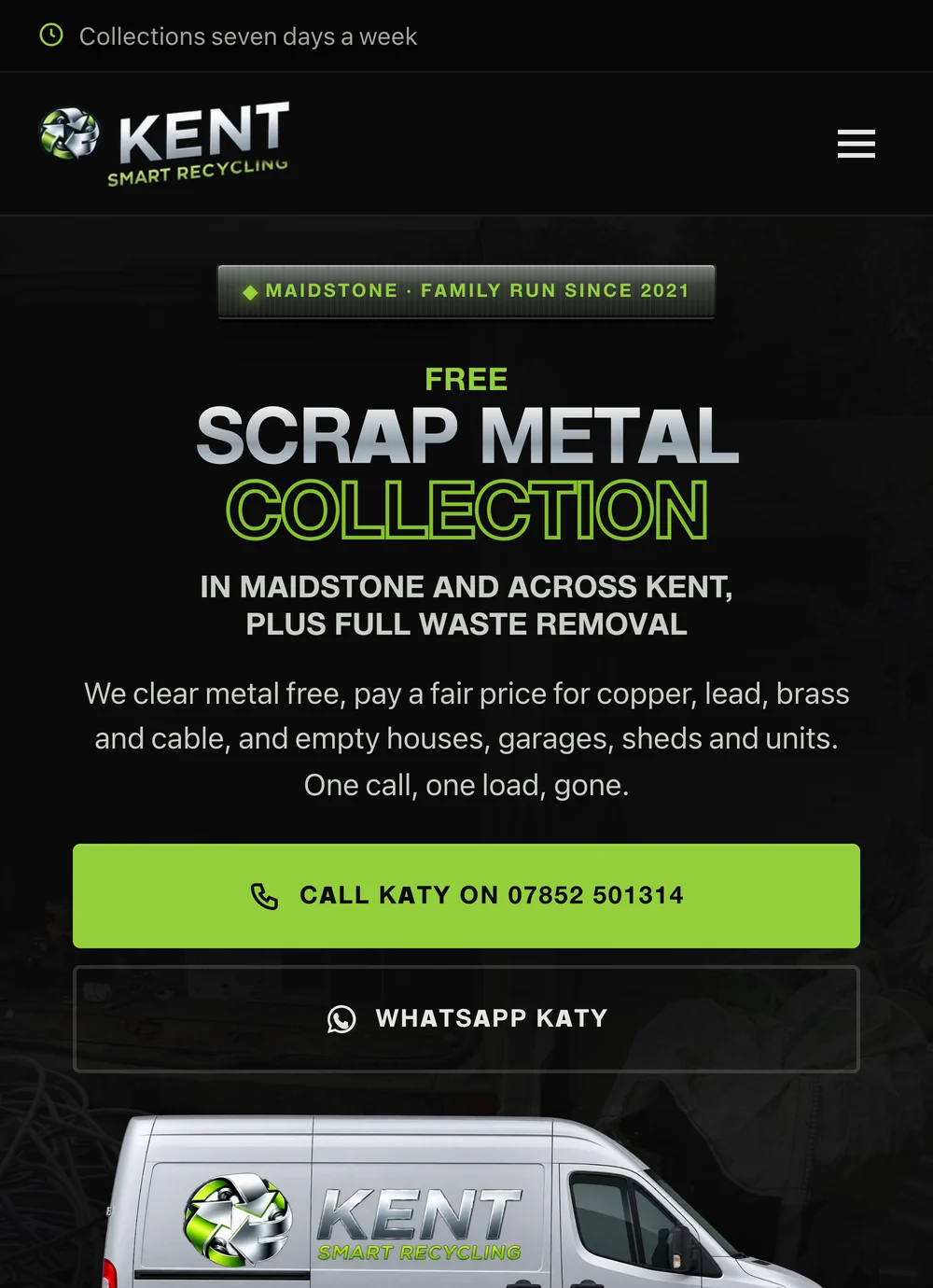 The Kent Smart Recycling website on a mobile screen showing free scrap metal collection and a tap to call button