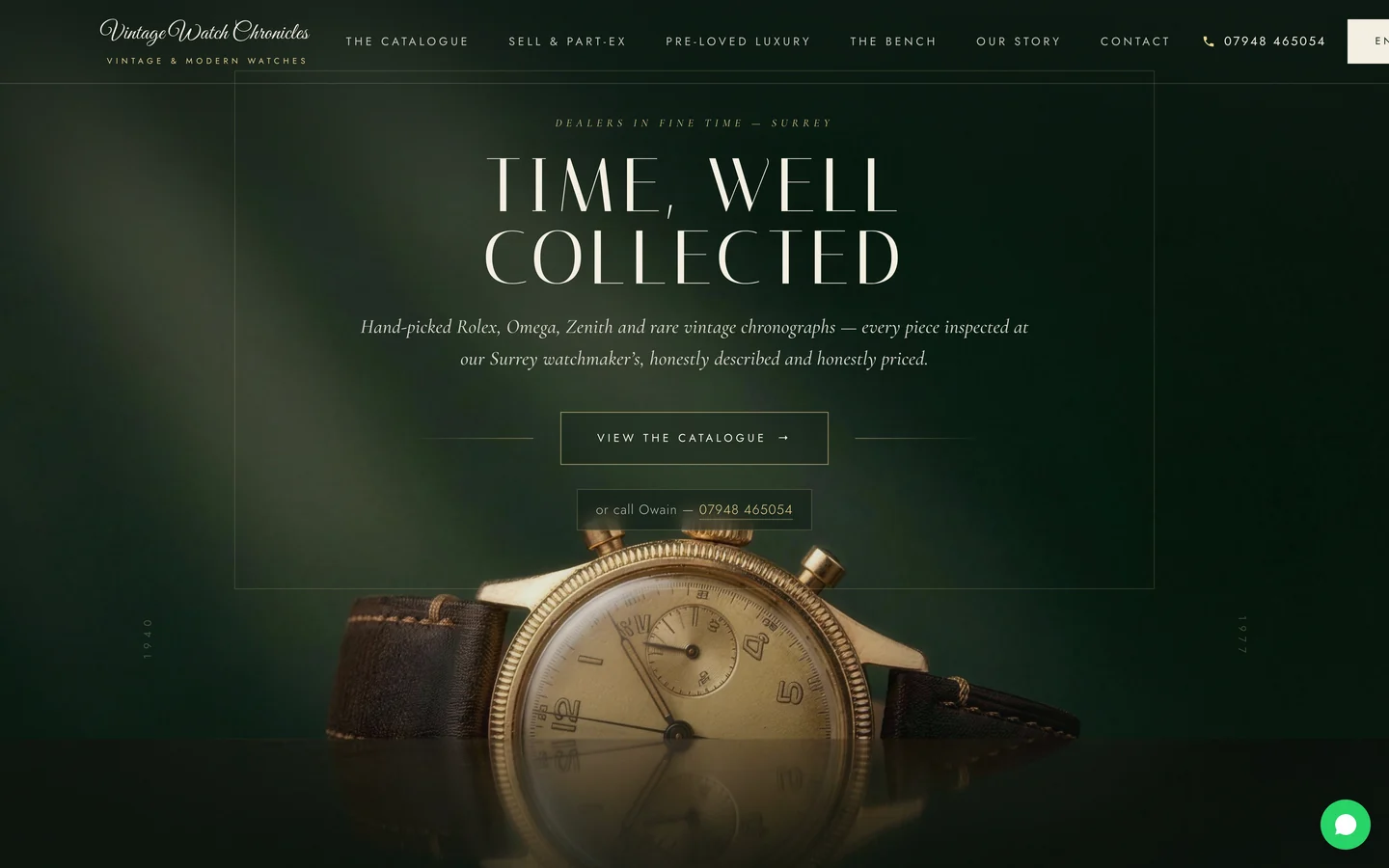 Homepage of the Vintage Watch Chronicles website, a dark green editorial design with a gold vintage chronograph and the headline time well collected