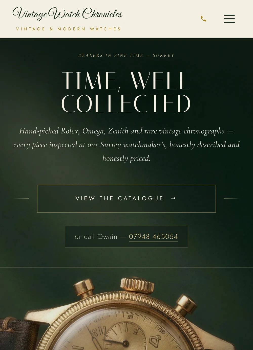 The Vintage Watch Chronicles website on a mobile screen showing the watch catalogue and an enquiry button