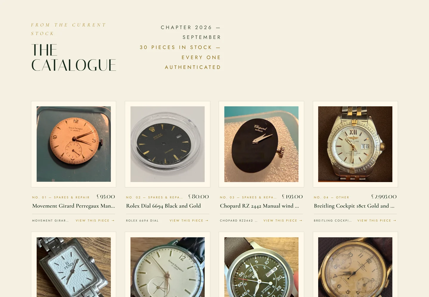The catalogue on the Vintage Watch Chronicles website showing numbered vintage and modern watches with condition and detail on each piece