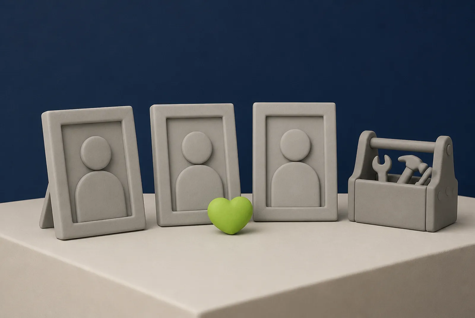 Three clay picture frames with simple portraits, a toolbox and a small lime green heart, illustrating an about us page
