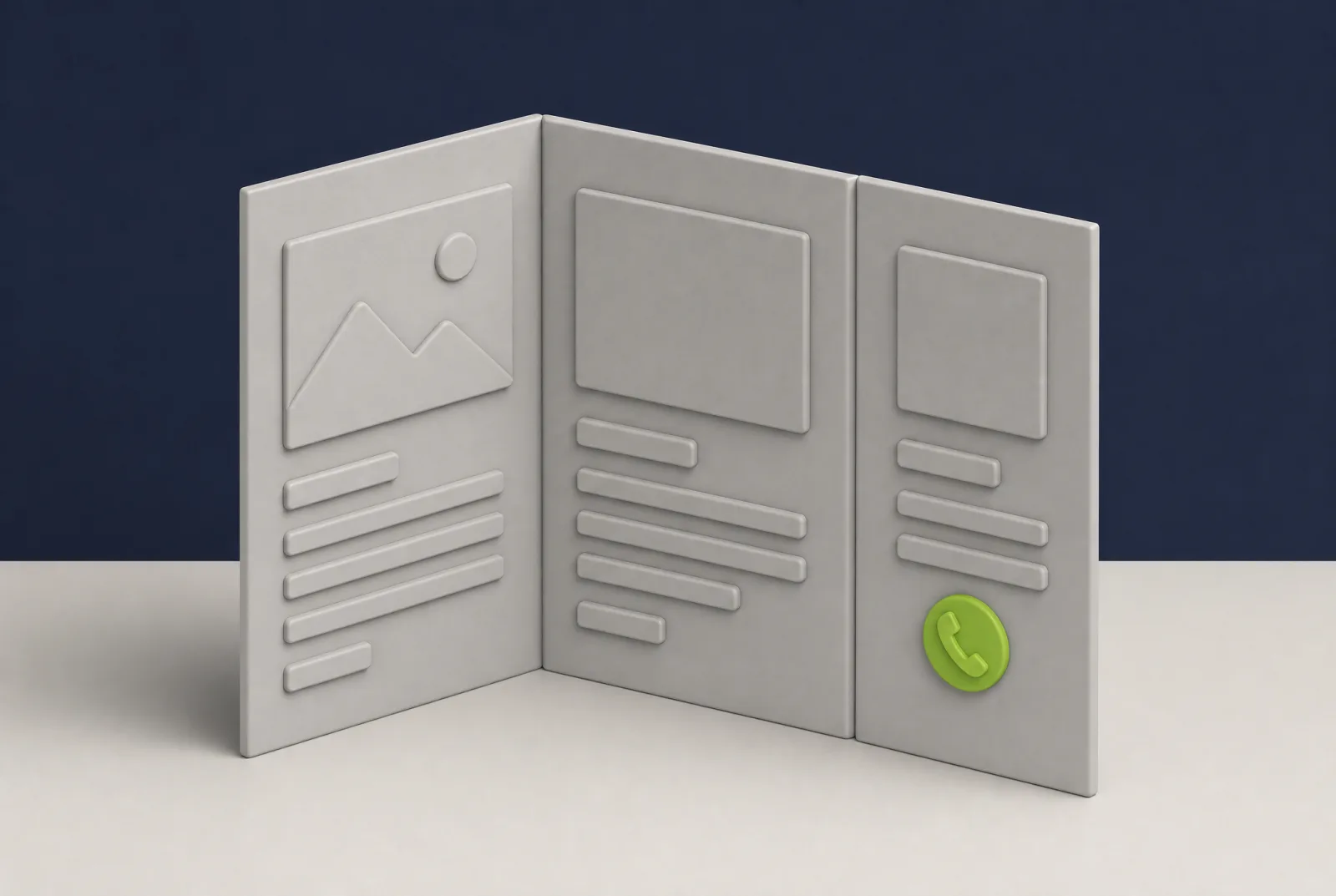 A clay model of a three-panel folded brochure laid out like web pages, with a green phone button on the last panel