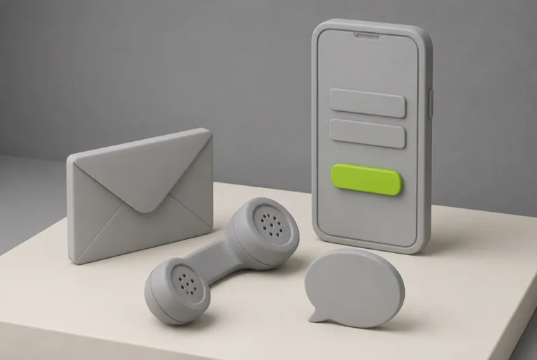 A clay envelope, telephone handset, speech bubble and a phone showing a short form with a lime green button, illustrating a contact us page