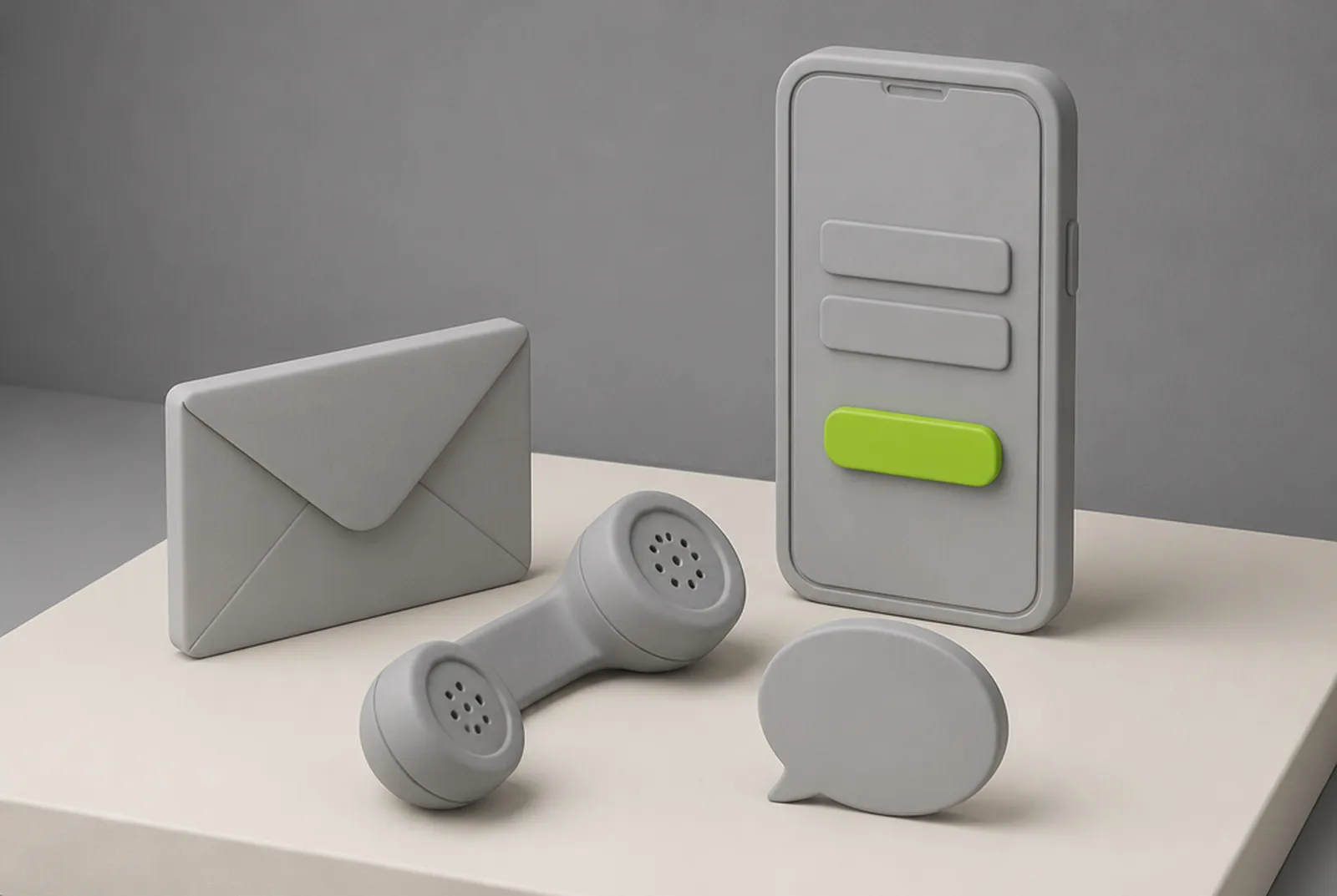 A clay envelope, telephone handset, speech bubble and a phone showing a short form with a lime green button, illustrating a contact us page