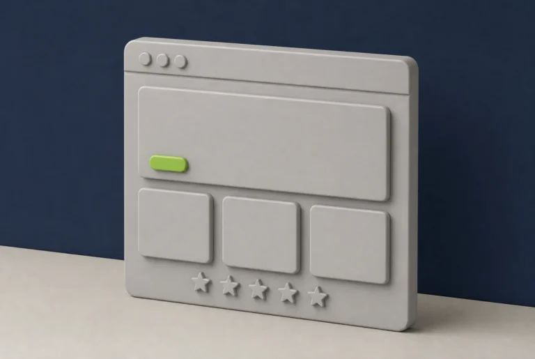A clay model of a web page showing a homepage layout with a hero banner, one green button, three cards and a row of five stars