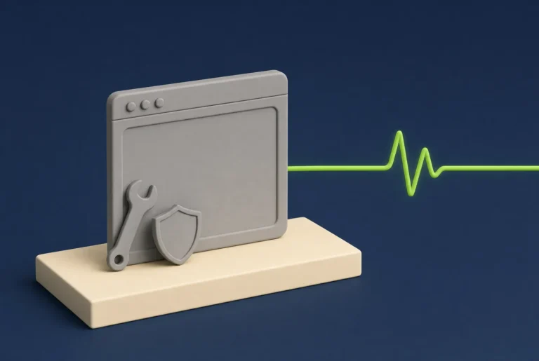 A website window on a stand with a spanner and a shield, and a steady green heartbeat line showing the site is looked after