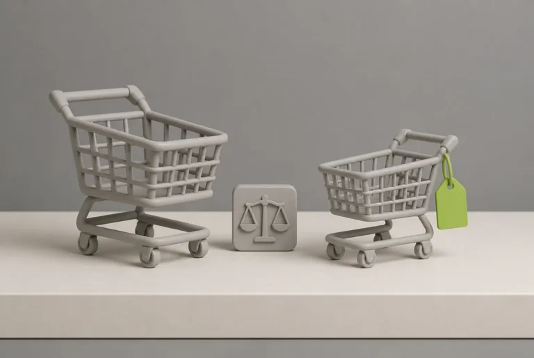 Two clay shopping trolleys facing each other with a balance scale between them and a lime green price tag, illustrating Shopify and WooCommerce compared