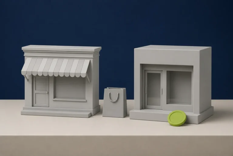 Two clay model shop fronts side by side with a shopping bag and a lime green coin, illustrating Squarespace and Shopify compared