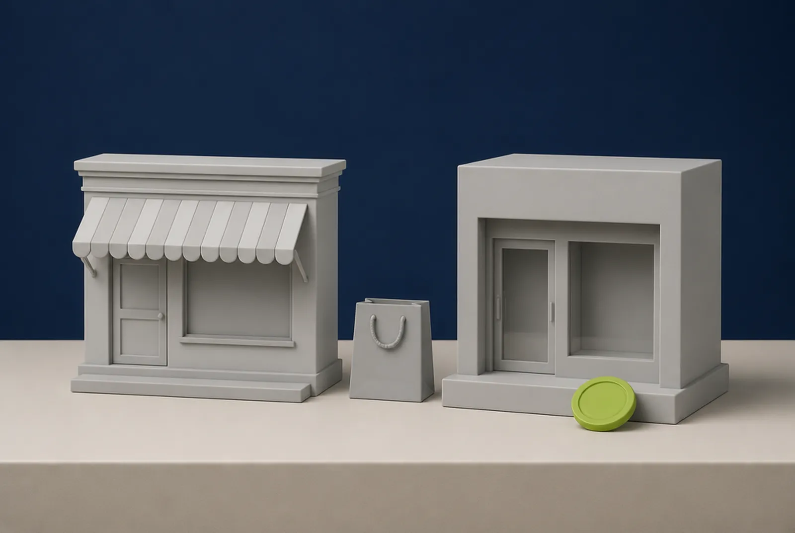 Two clay model shop fronts side by side with a shopping bag and a lime green coin, illustrating Squarespace and Shopify compared