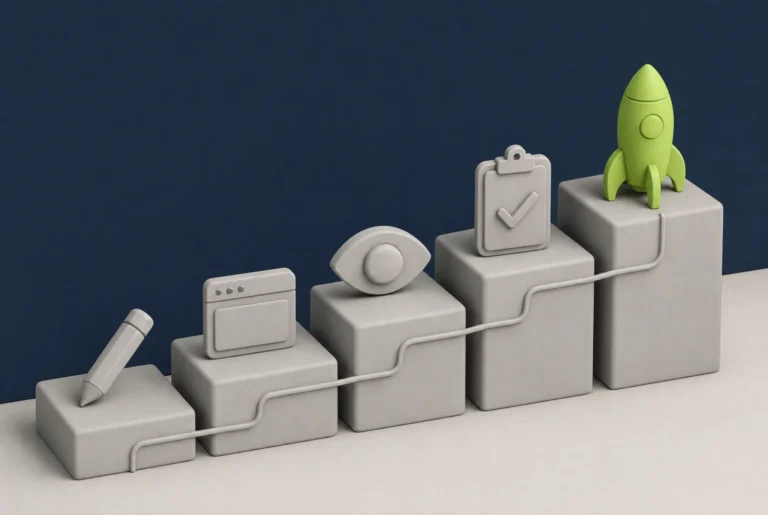 Five clay steps rising in a staircase, each holding one object: a pencil, a web page, an eye, a checklist and a green rocket
