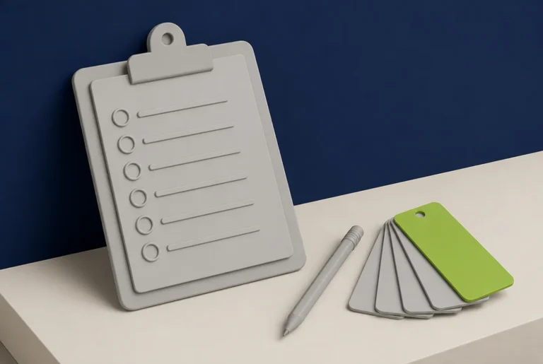 A clay clipboard with a checklist, a pencil and a fan of colour swatches with one lime green card, illustrating a website design brief