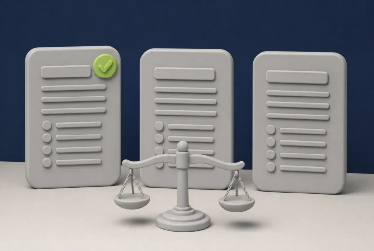Three clay documents side by side behind a balance scale, one marked with a green tick